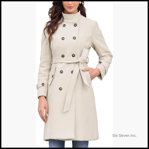 Jackets & Blazers - Polyester Pea Coat with Belt Double Breasted Trench Winter Coat